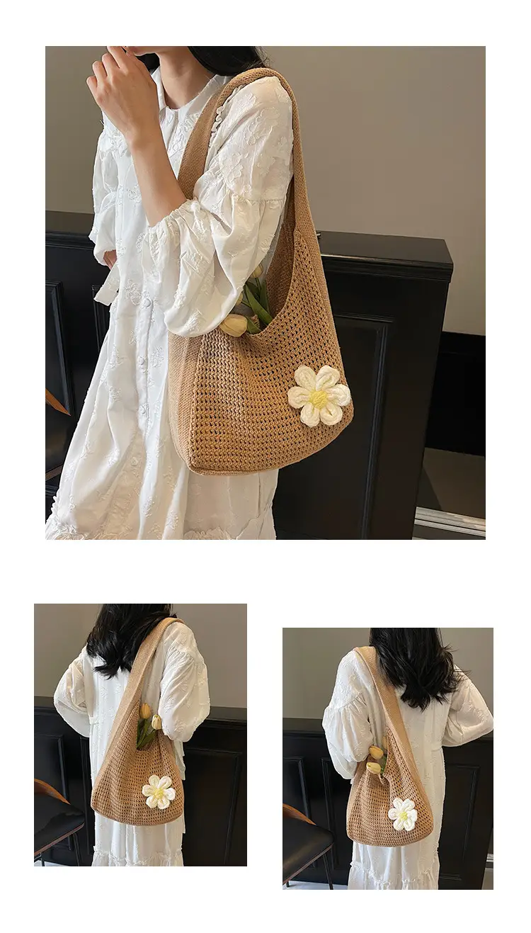 Women's Beige Woven Shoulder Bag with Flower Decor — feature 11