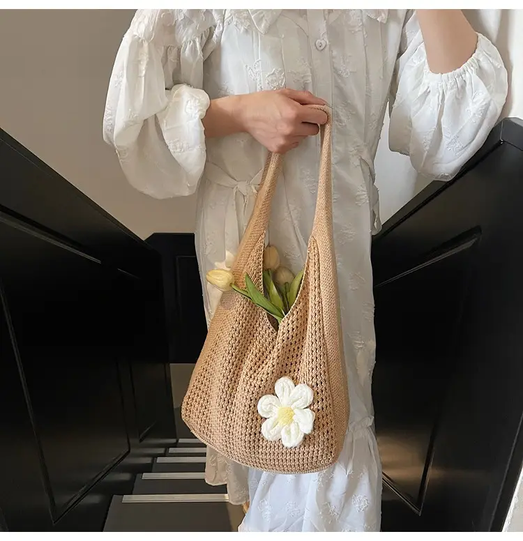 Women's Beige Woven Shoulder Bag with Flower Decor — feature 14