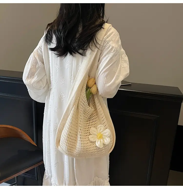 Women's Beige Woven Shoulder Bag with Flower Decor — feature 22