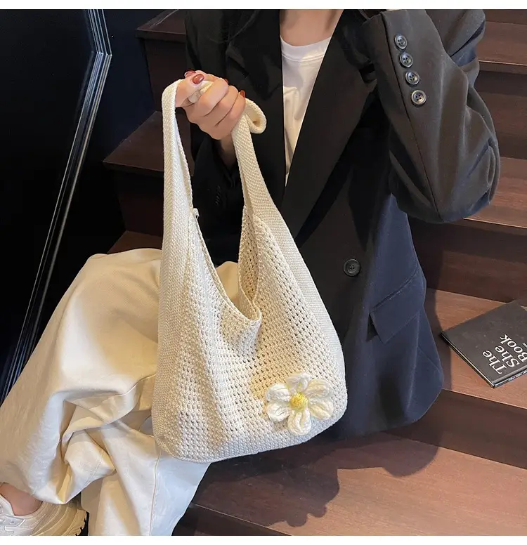 Women's Beige Woven Shoulder Bag with Flower Decor — feature 28