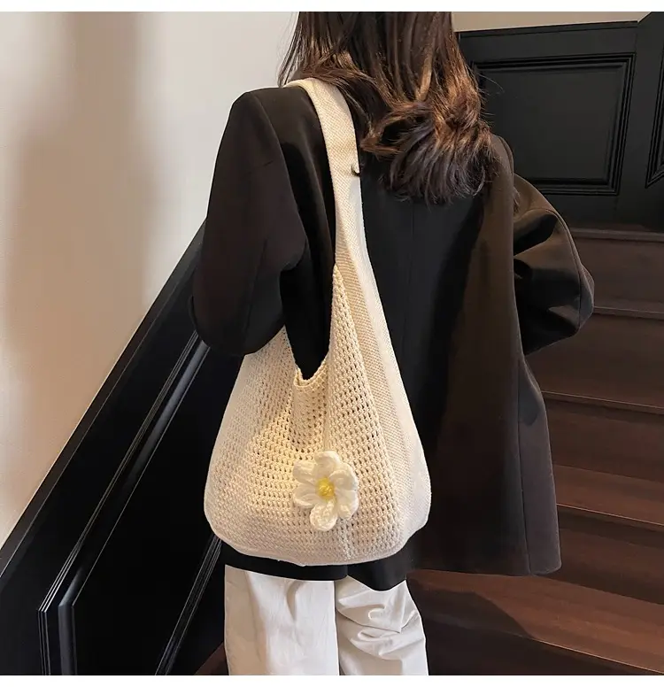 Women's Beige Woven Shoulder Bag with Flower Decor — feature 30