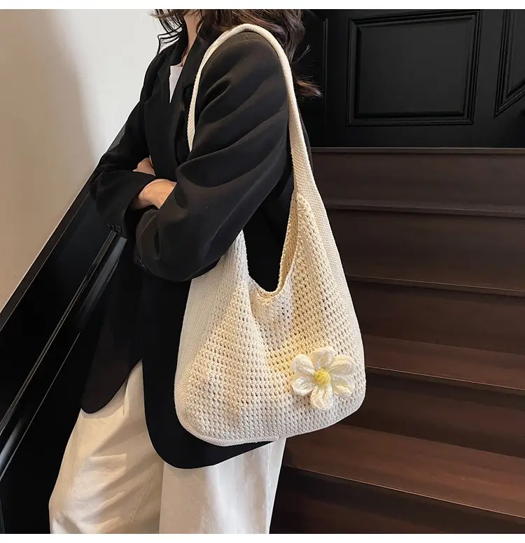 Women's Beige Woven Shoulder Bag with Flower Decor — feature 32