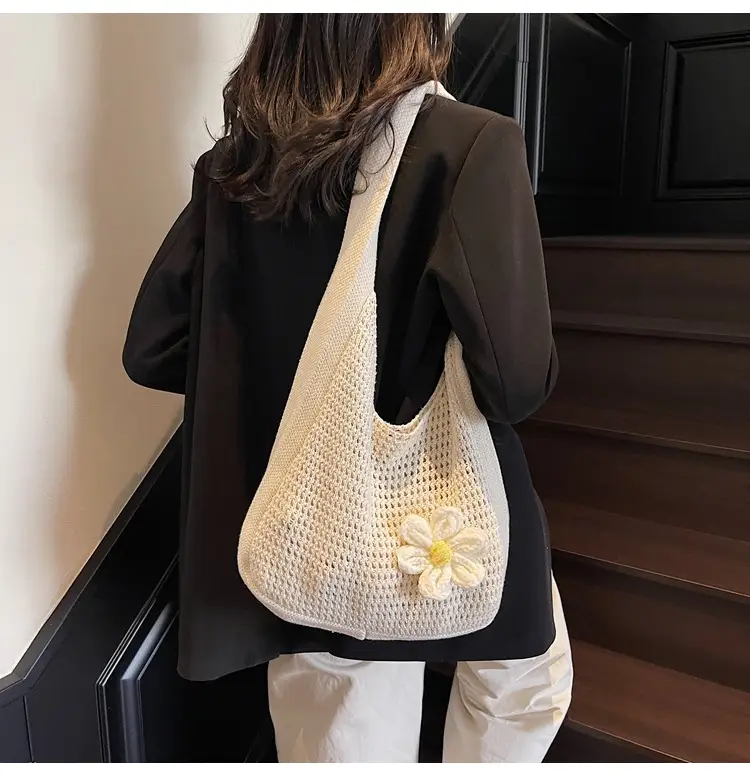 Women's Beige Woven Shoulder Bag with Flower Decor — feature 33