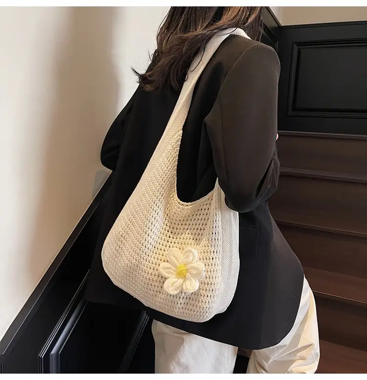 Women's Beige Woven Shoulder Bag with Flower Decor — feature 34