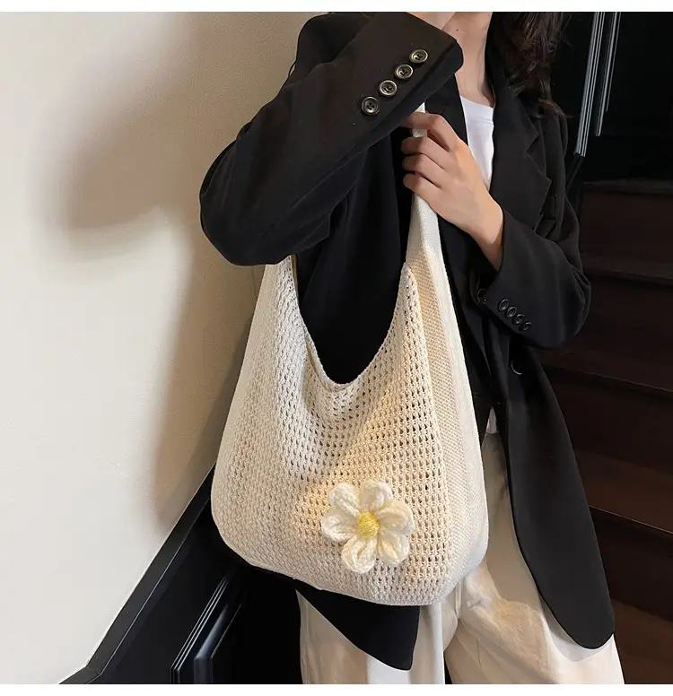 Women's Beige Woven Shoulder Bag with Flower Decor — feature 35