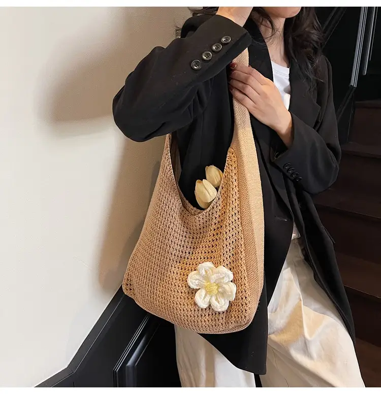 Women's Beige Woven Shoulder Bag with Flower Decor — feature 36