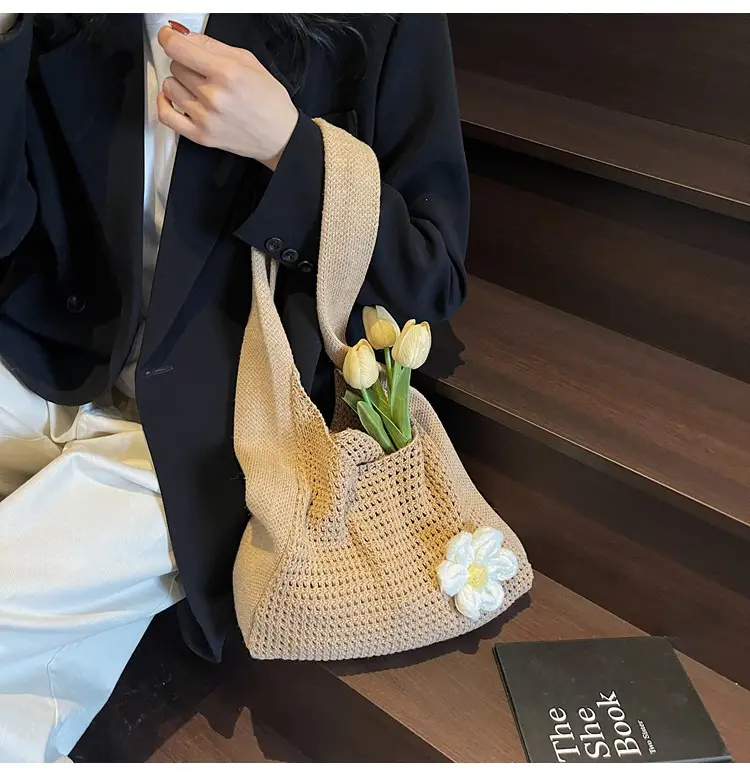 Women's Beige Woven Shoulder Bag with Flower Decor — feature 37