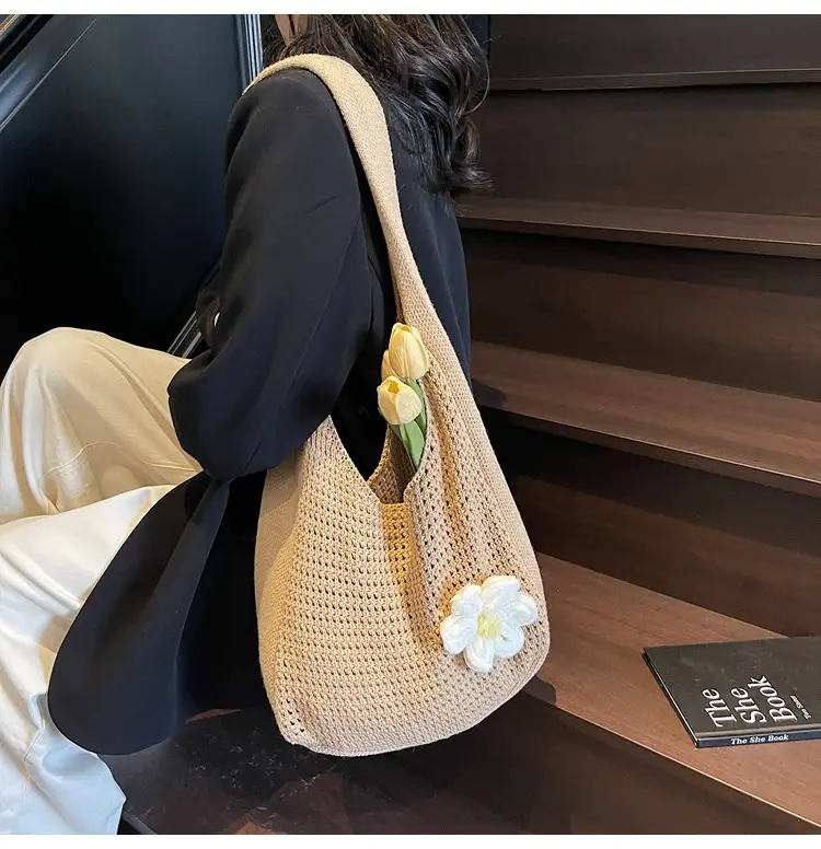 Women's Beige Woven Shoulder Bag with Flower Decor — feature 39