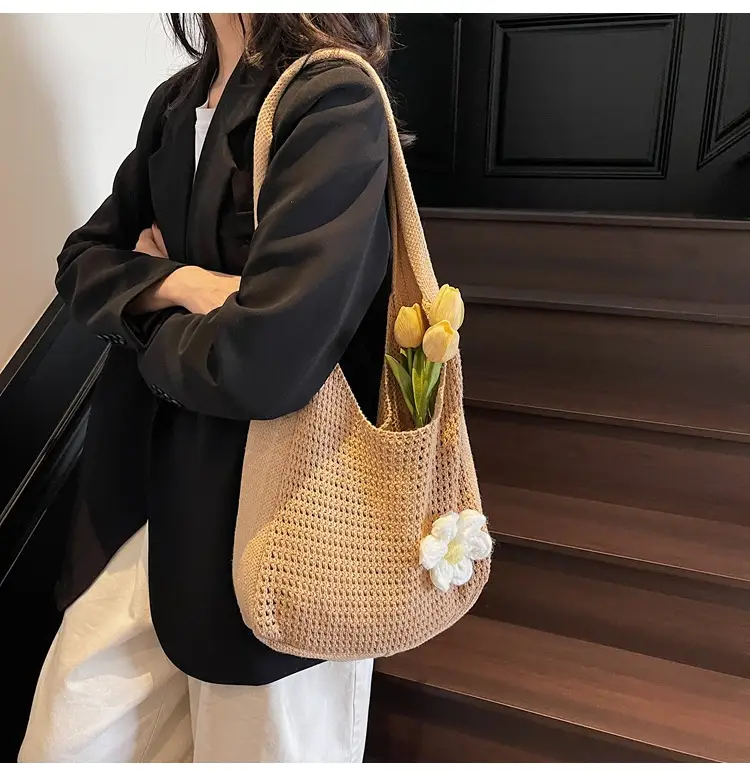 Women's Beige Woven Shoulder Bag with Flower Decor — feature 40