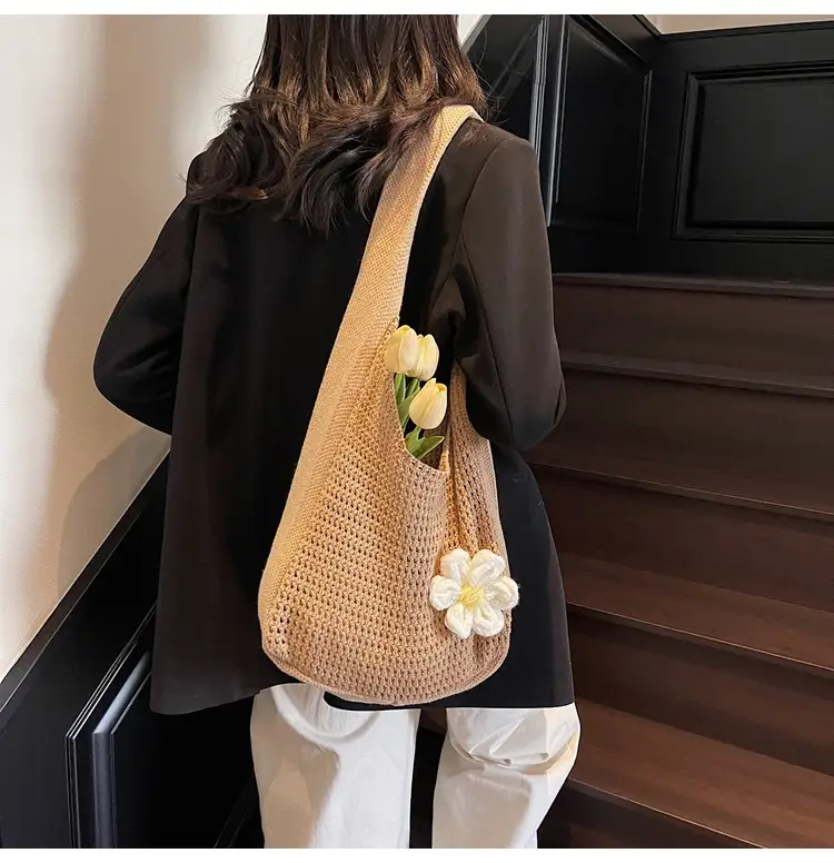 Women's Beige Woven Shoulder Bag with Flower Decor — feature 41