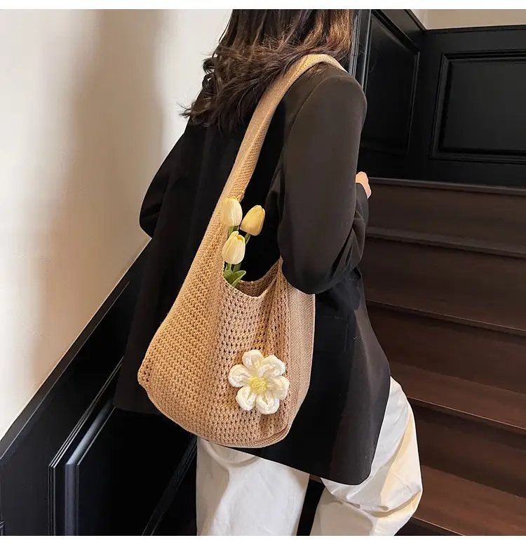 Women's Beige Woven Shoulder Bag with Flower Decor — feature 42