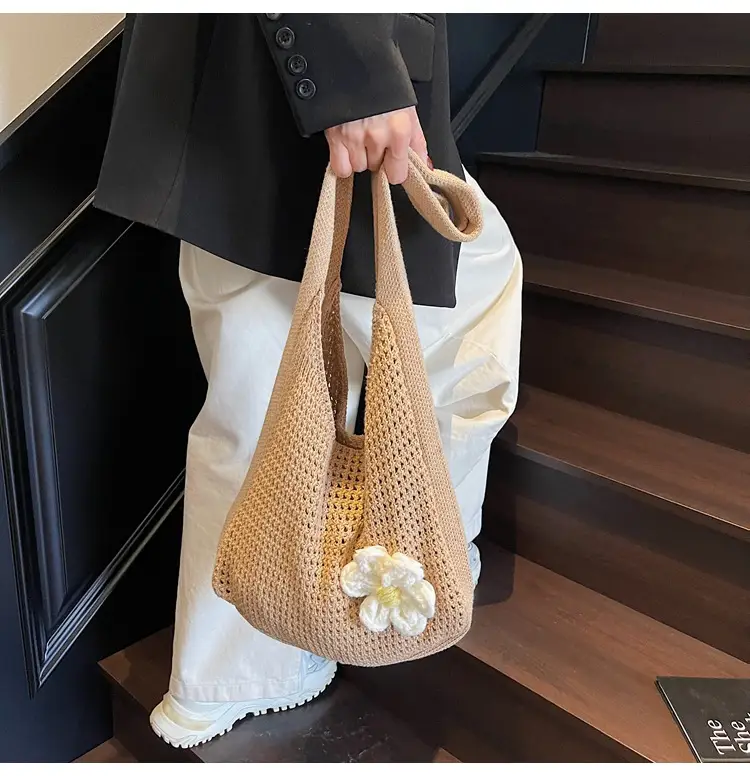 Women's Beige Woven Shoulder Bag with Flower Decor — feature 43