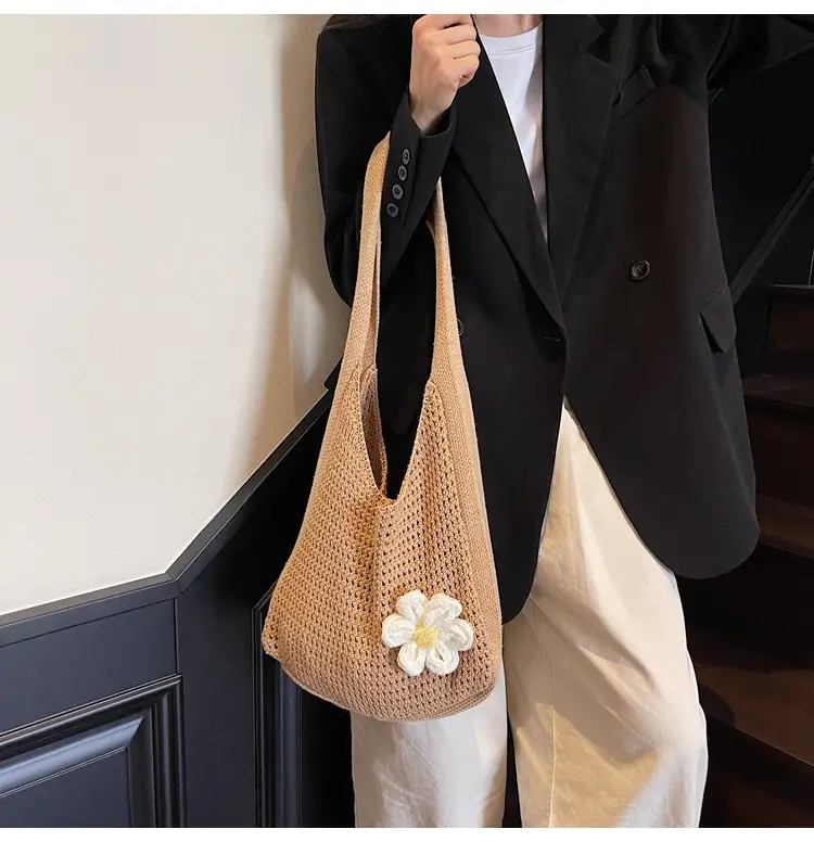 Women's Beige Woven Shoulder Bag with Flower Decor — feature 44