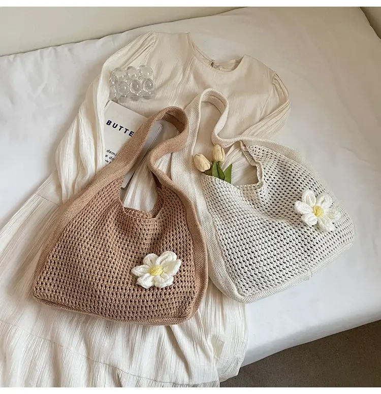 Women's Beige Woven Shoulder Bag with Flower Decor — feature 46