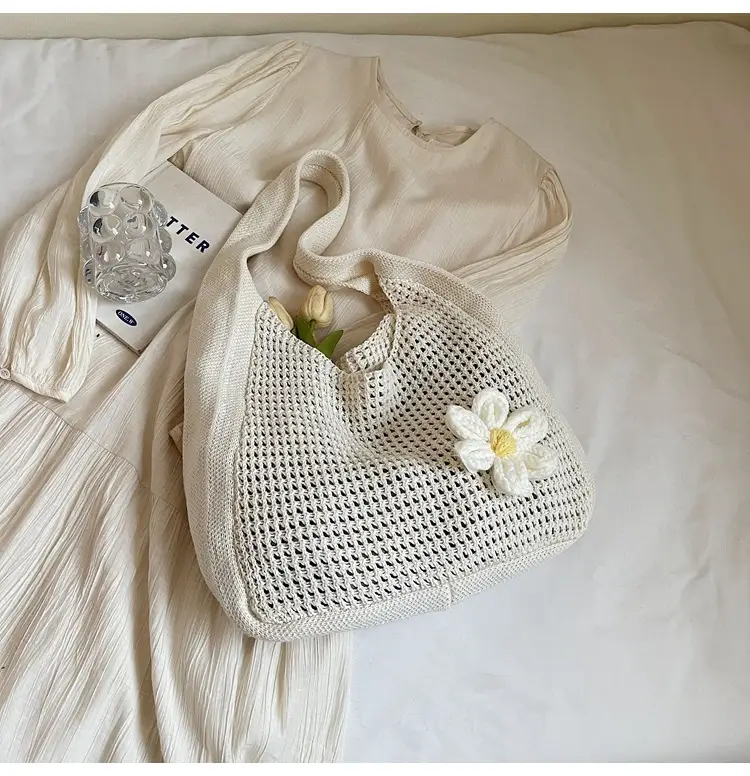 Women's Beige Woven Shoulder Bag with Flower Decor — feature 47
