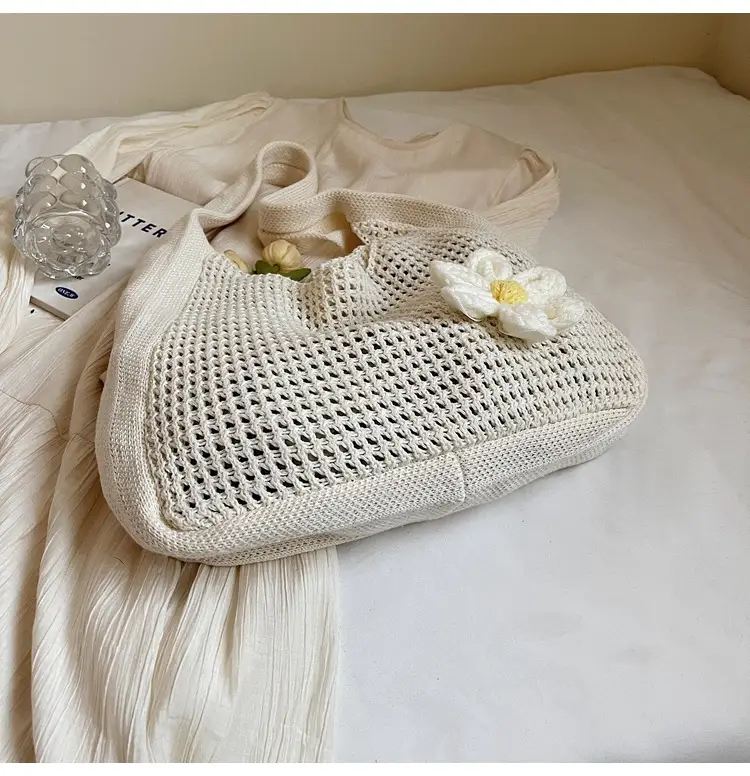Women's Beige Woven Shoulder Bag with Flower Decor — feature 48