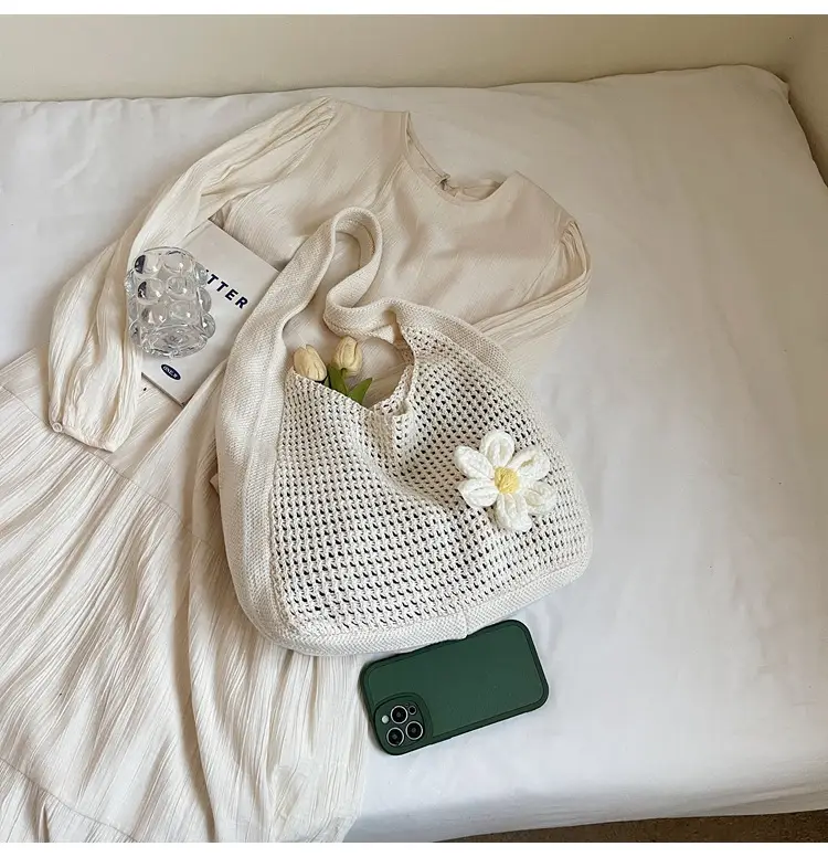 Women's Beige Woven Shoulder Bag with Flower Decor — feature 50
