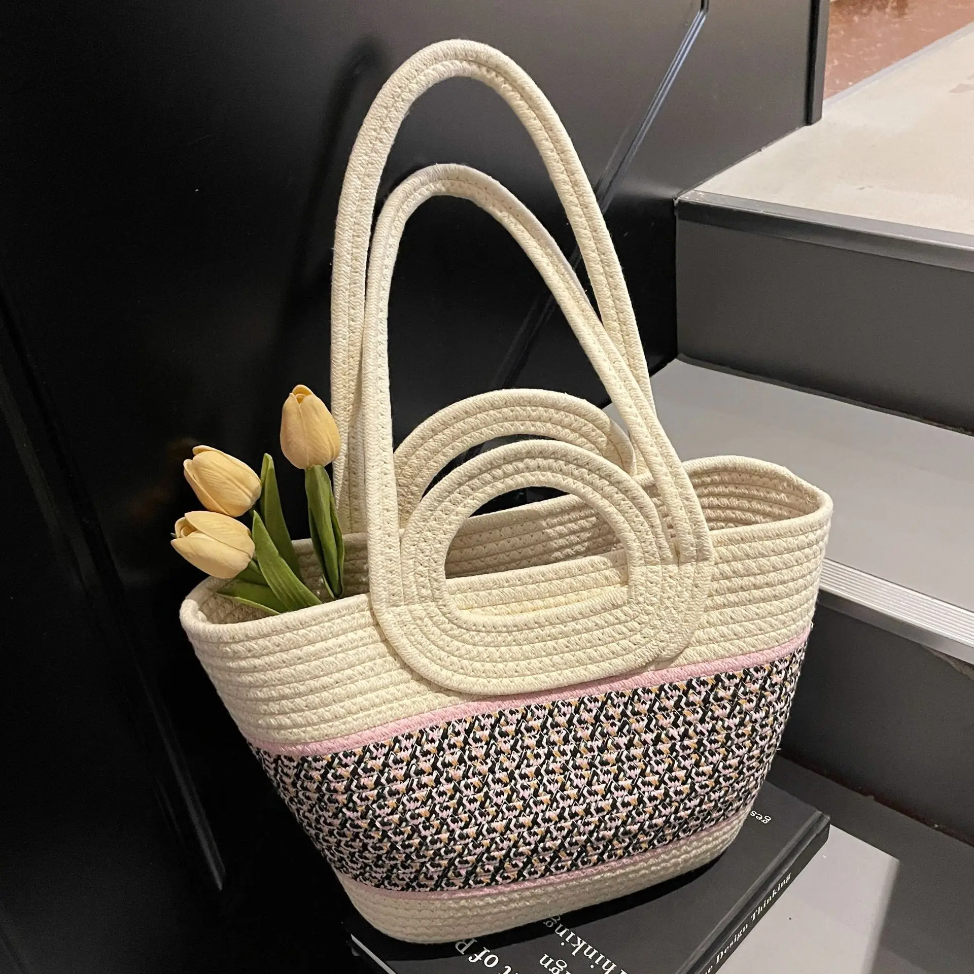 Navy Beige Woven Shoulder Bag with Patterned Base