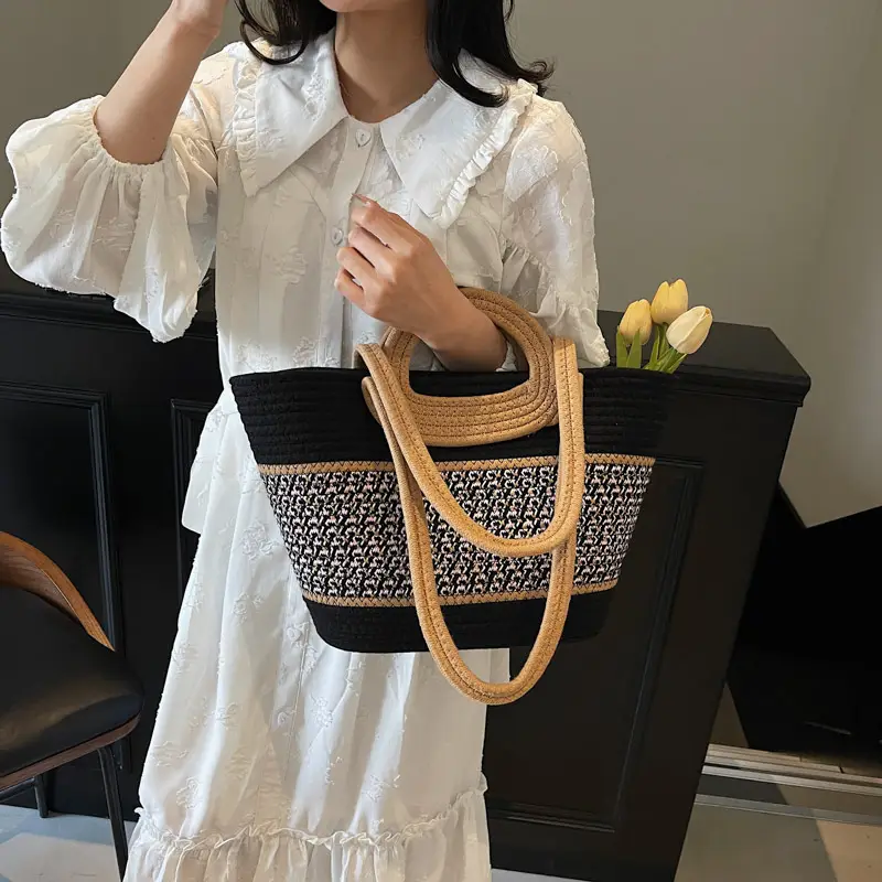 Navy Beige Woven Shoulder Bag with Patterned Base