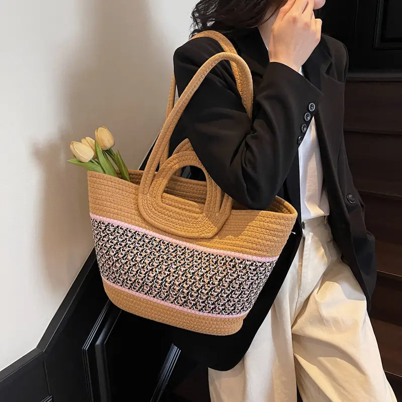 Navy Beige Woven Shoulder Bag with Patterned Base