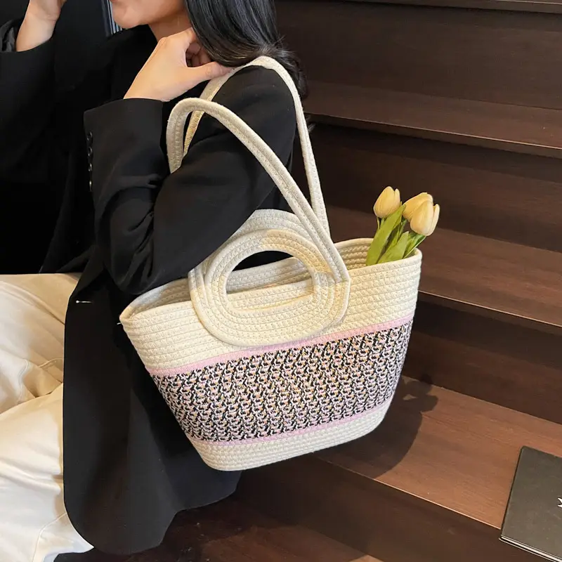 Navy Beige Woven Shoulder Bag with Patterned Base
