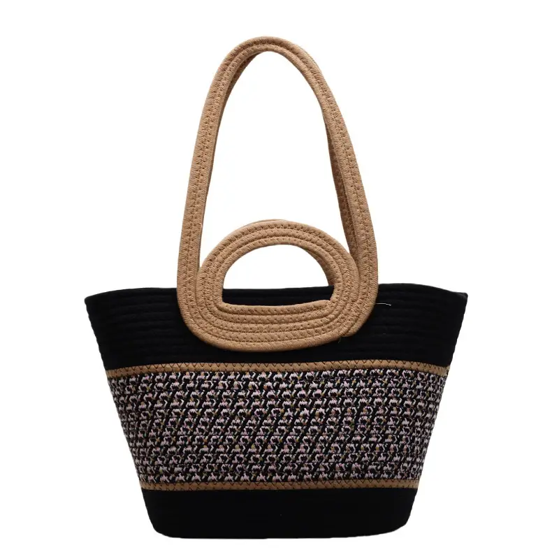Navy Beige Woven Shoulder Bag with Patterned Base
