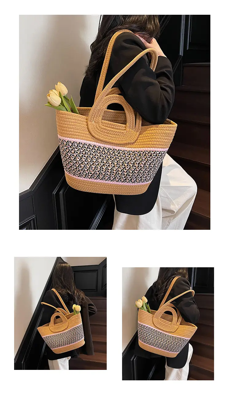 Navy Beige Woven Shoulder Bag with Patterned Base — feature 10