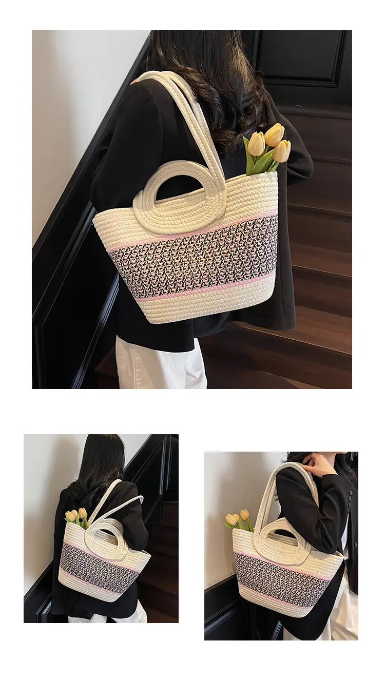 Navy Beige Woven Shoulder Bag with Patterned Base — feature 11