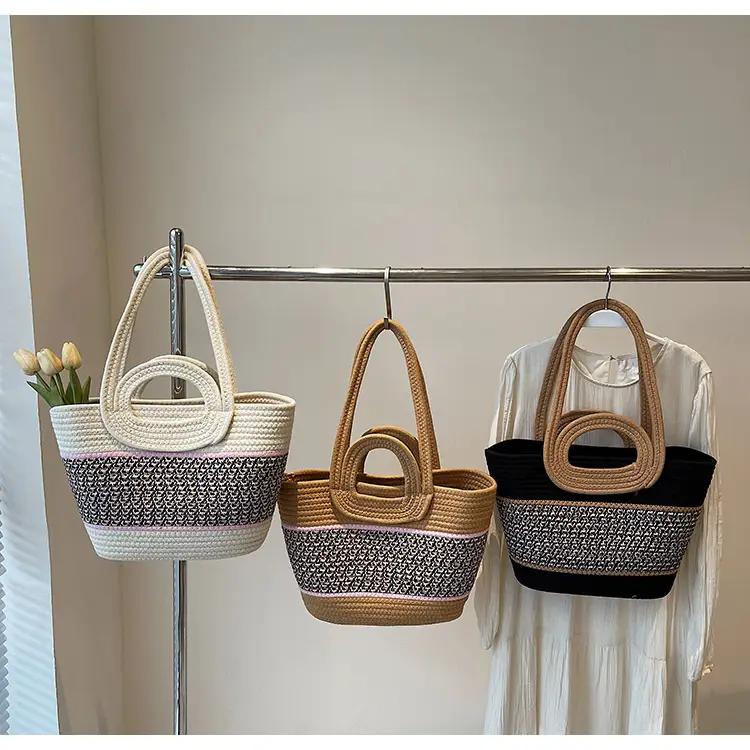 Navy Beige Woven Shoulder Bag with Patterned Base — feature 12