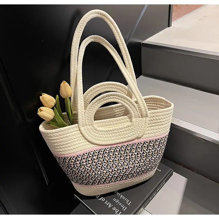 Navy Beige Woven Shoulder Bag with Patterned Base — feature 13
