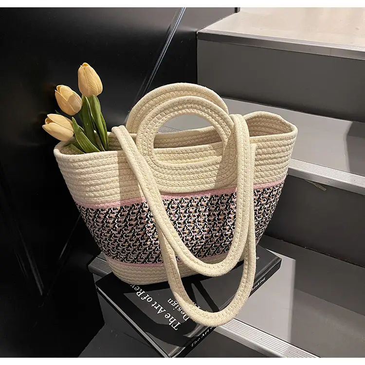 Navy Beige Woven Shoulder Bag with Patterned Base — feature 14