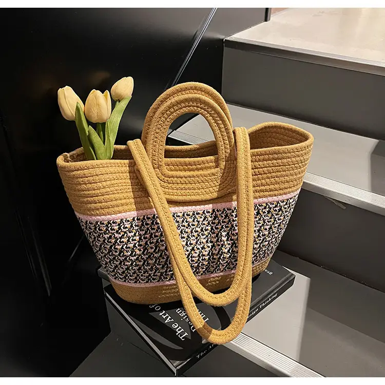 Navy Beige Woven Shoulder Bag with Patterned Base — feature 15