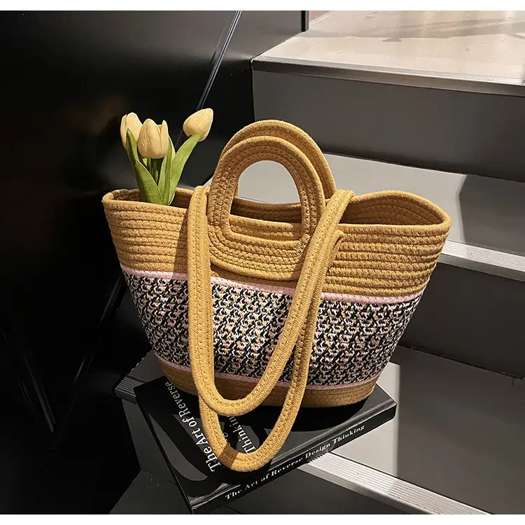 Navy Beige Woven Shoulder Bag with Patterned Base — feature 16