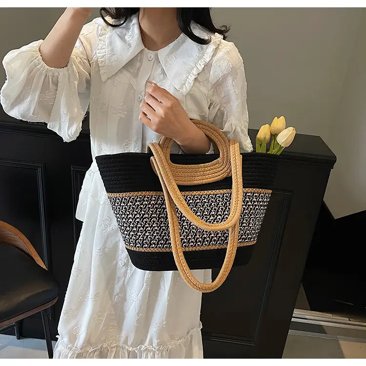 Navy Beige Woven Shoulder Bag with Patterned Base — feature 17