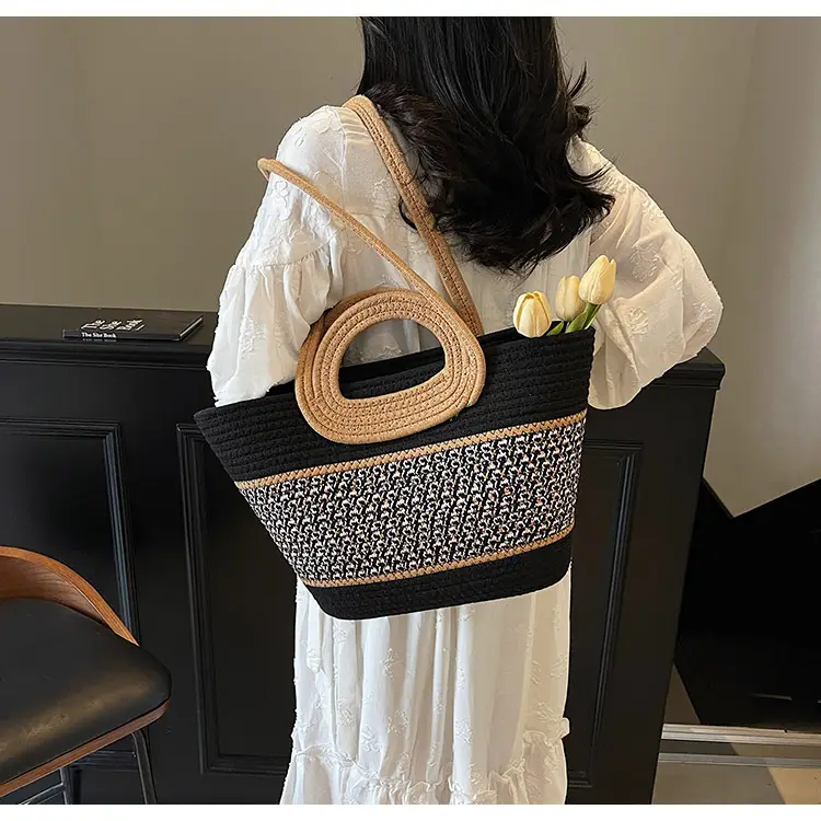 Navy Beige Woven Shoulder Bag with Patterned Base — feature 18