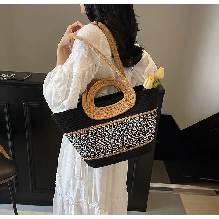 Navy Beige Woven Shoulder Bag with Patterned Base — feature 19