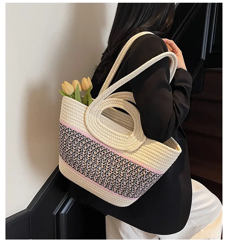Navy Beige Woven Shoulder Bag with Patterned Base — feature 2