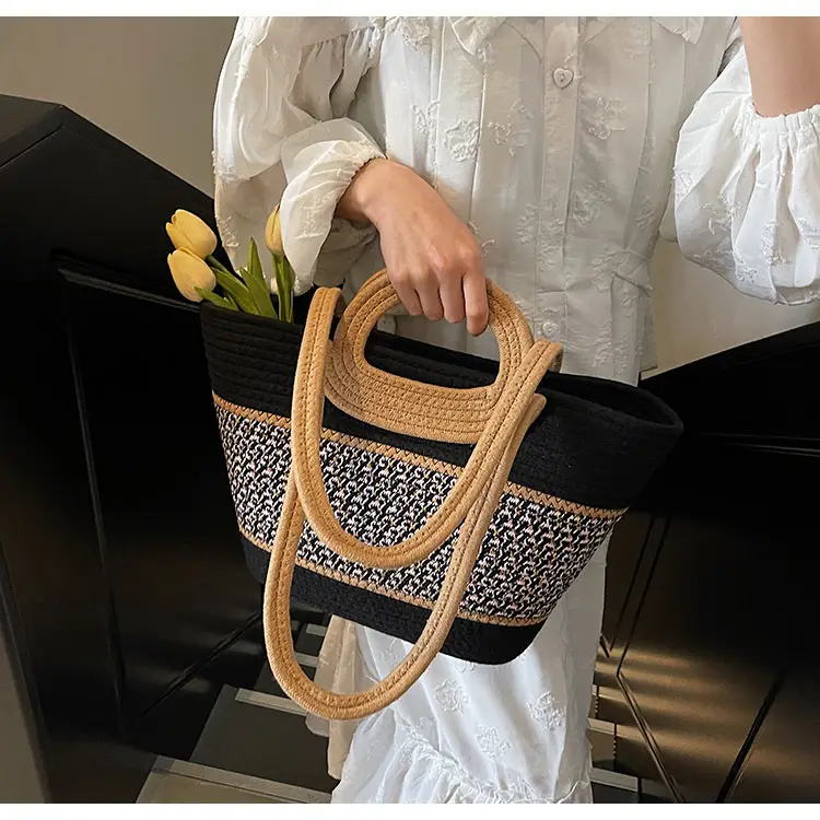 Navy Beige Woven Shoulder Bag with Patterned Base — feature 20