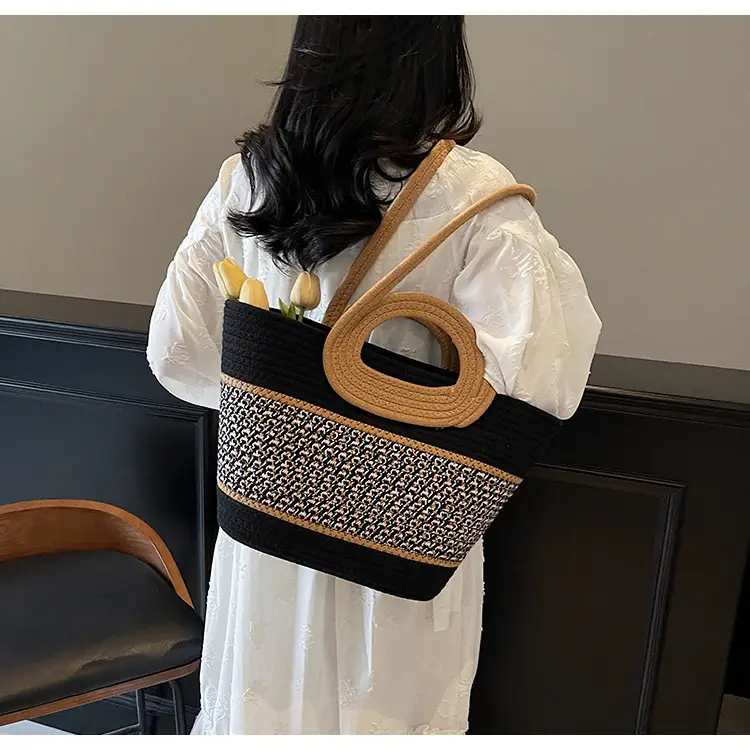 Navy Beige Woven Shoulder Bag with Patterned Base — feature 21