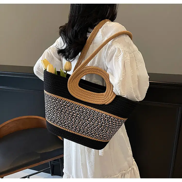 Navy Beige Woven Shoulder Bag with Patterned Base — feature 22