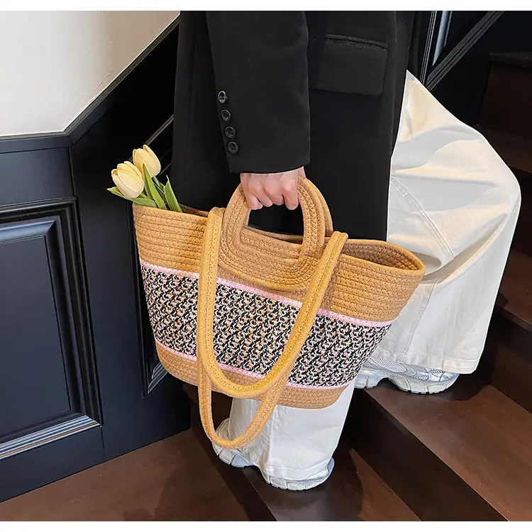 Navy Beige Woven Shoulder Bag with Patterned Base — feature 23