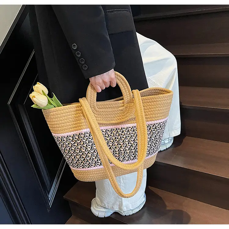 Navy Beige Woven Shoulder Bag with Patterned Base — feature 24