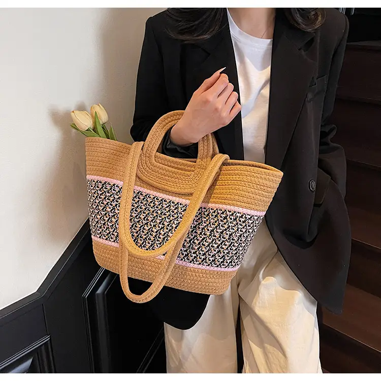 Navy Beige Woven Shoulder Bag with Patterned Base — feature 25