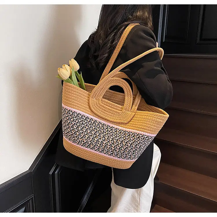 Navy Beige Woven Shoulder Bag with Patterned Base — feature 26