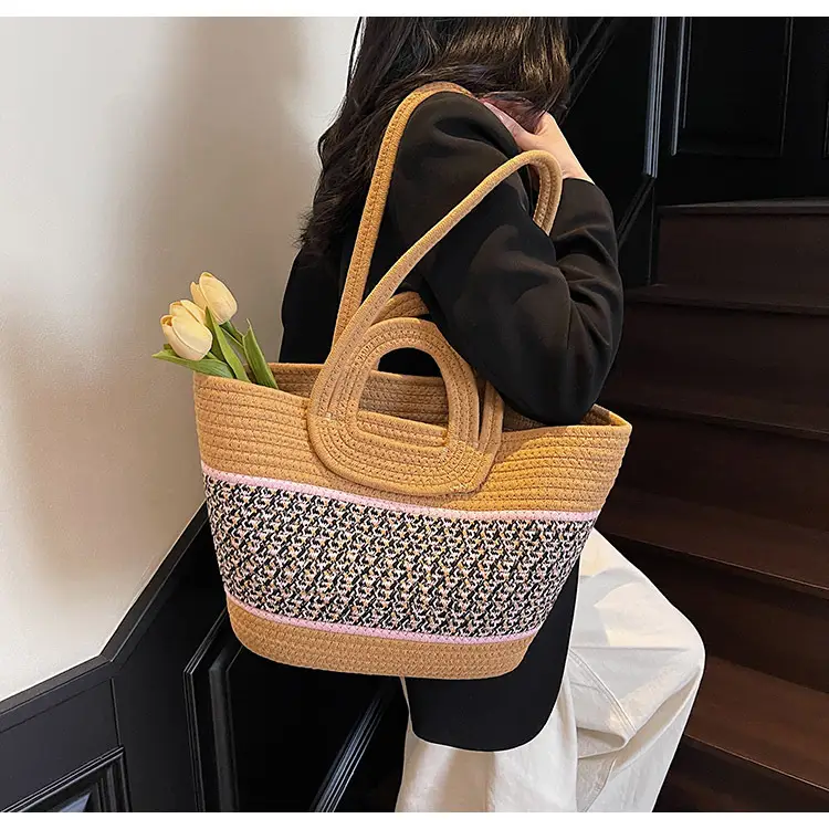 Navy Beige Woven Shoulder Bag with Patterned Base — feature 27