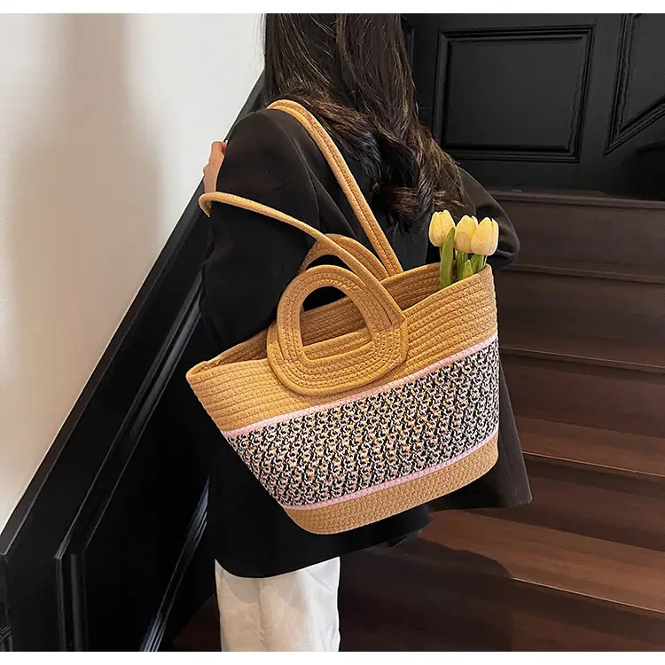Navy Beige Woven Shoulder Bag with Patterned Base — feature 28