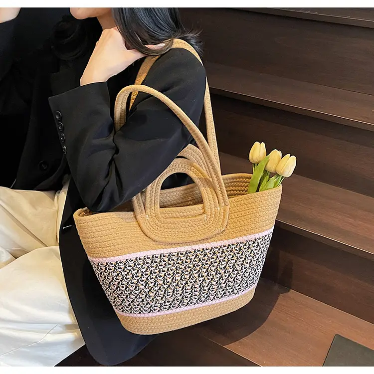 Navy Beige Woven Shoulder Bag with Patterned Base — feature 29