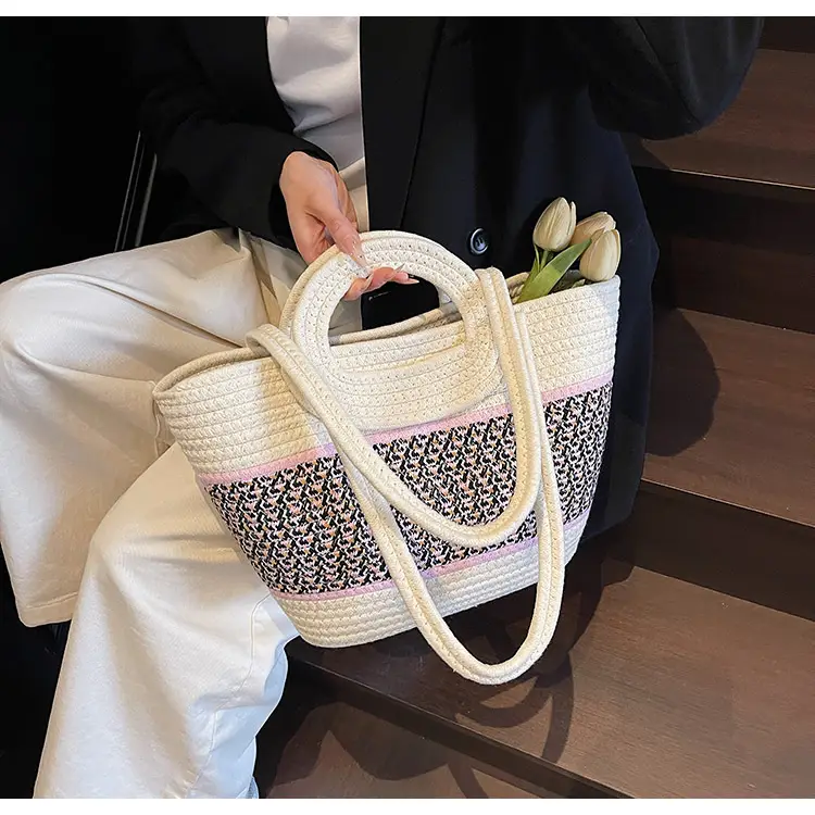 Navy Beige Woven Shoulder Bag with Patterned Base — feature 30