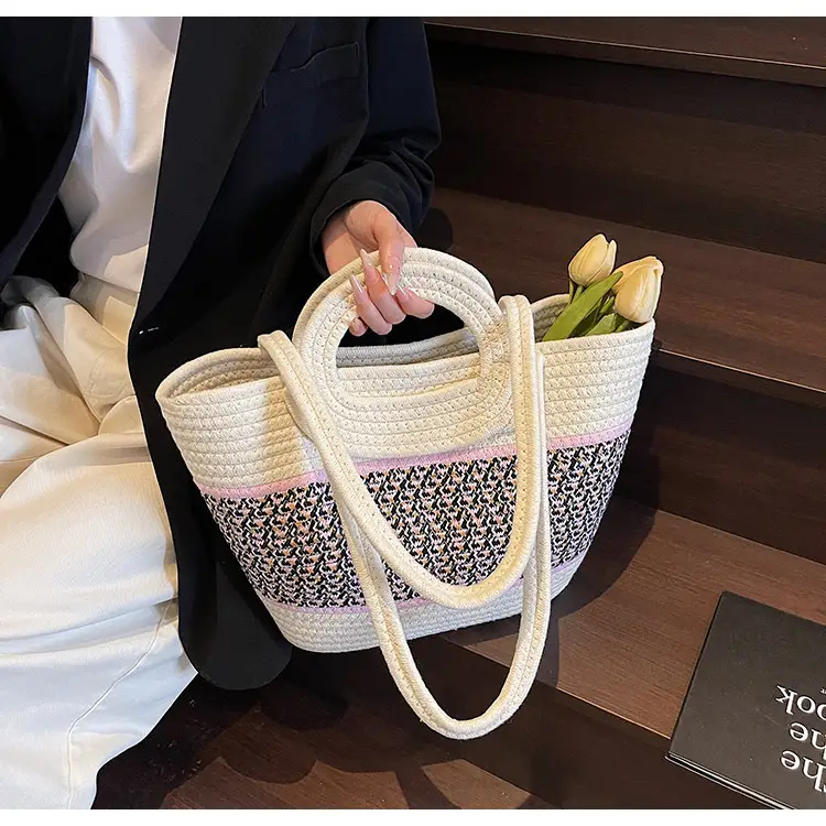 Navy Beige Woven Shoulder Bag with Patterned Base — feature 31