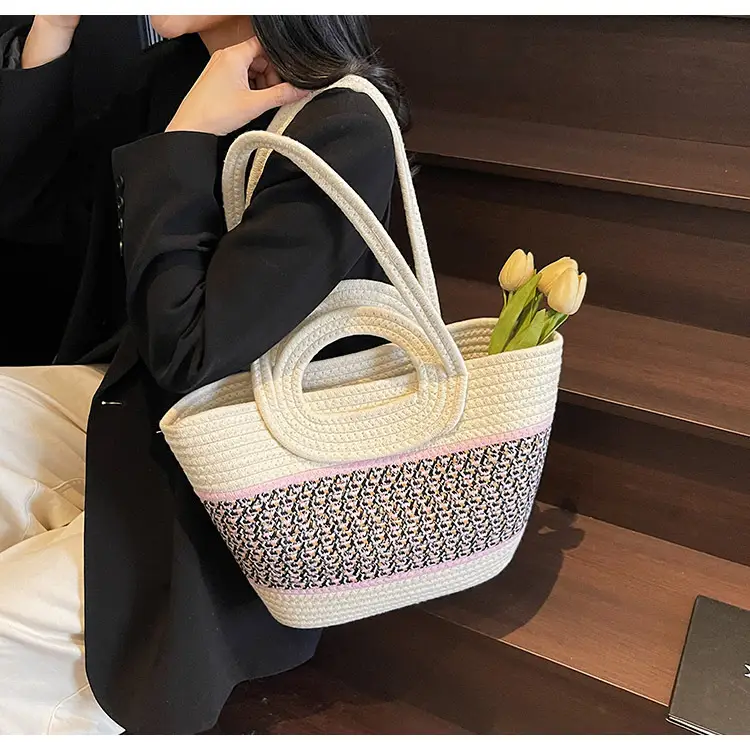 Navy Beige Woven Shoulder Bag with Patterned Base — feature 32